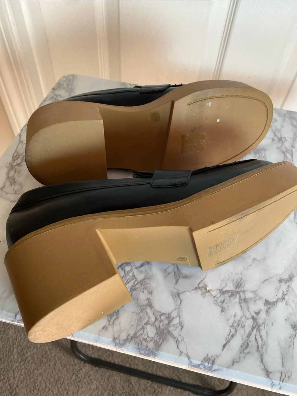 ShuShop Black Leather Platform Penny Loafers with Tan Sole Size 8.5 Chunky Block